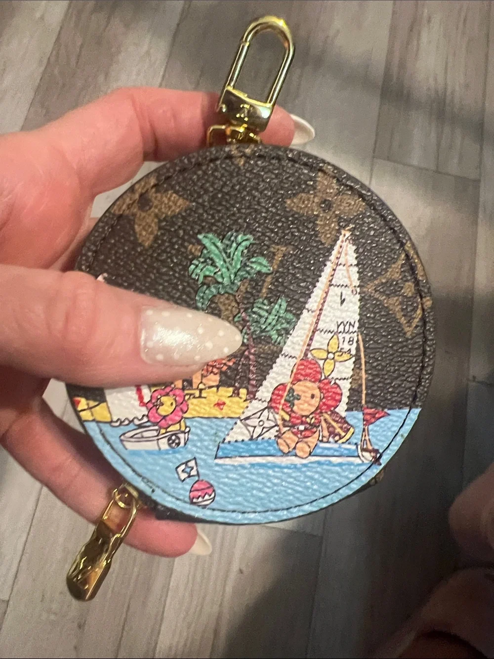 Brown Monogram Round Coin Pouch Purse Charm with Colorful Sailboat Print
